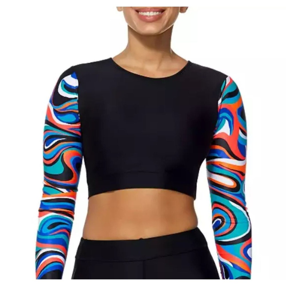 Reebok Womens Cropped Rashguard Black Print Long Sleeve UPF 50+ Large J422651